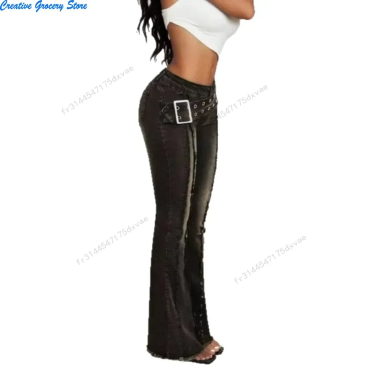 Women Vintage Washed Flare Jeans With Wide Belt Raw Hem Split Hem Seam Detail High Waist Slim Fit Denim Pants