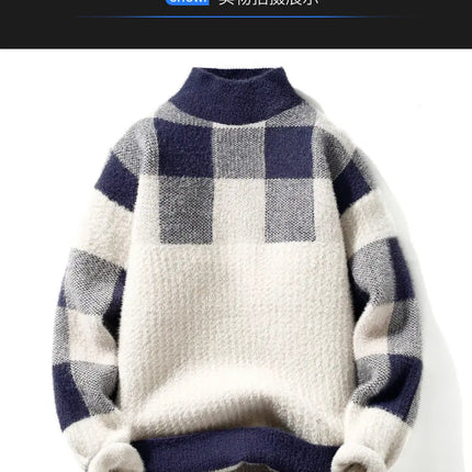 2023 Winter/Autumn Mink velvet High-Quality Fashion Trend Plaid Pattern Sweater Men Casual Loose Warm Sweaters Men Comfortable