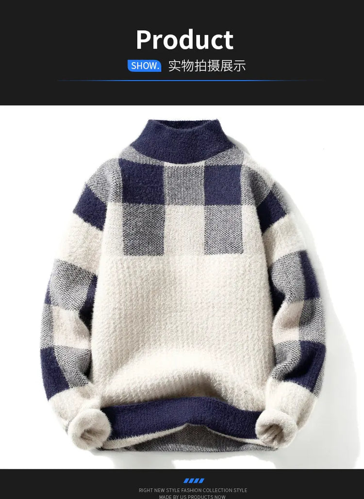 2023 Winter/Autumn Mink velvet High-Quality Fashion Trend Plaid Pattern Sweater Men Casual Loose Warm Sweaters Men Comfortable