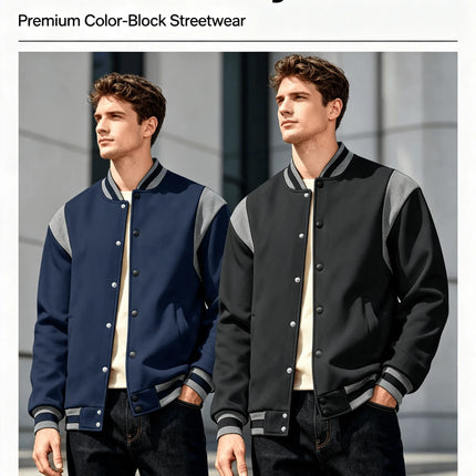 Men Color Block Varsity Jacket Fleece Lined Long Sleeve Button Baseball Coat Retro Swag Streetwear Casual Outerwear Y2K Clothes