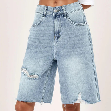 Benuynffy Bf Style Raw Hem Denim Shorts Women's Streetwear High Waist Hip Hop Loose Ripped Straight Wide Leg Half Shorts Jeans PlatiNum