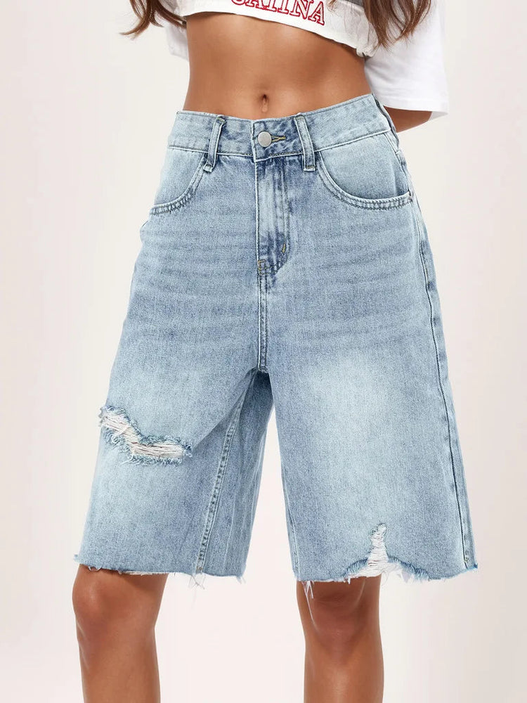 Benuynffy Bf Style Raw Hem Denim Shorts Women's Streetwear High Waist Hip Hop Loose Ripped Straight Wide Leg Half Shorts Jeans PlatiNum