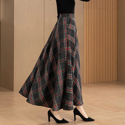 New Women Woolen Plaid Skirt Autumn Winter Fashion Elastic High Waist A-Line Wool Blended Long Skirt Simplicity Vintage Skirt PlatiNum