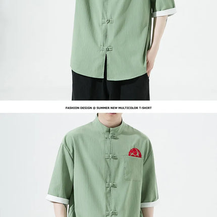 Camicie Retrò da Uomo Ricamate Stile Kung Fu Tai Chi, Camicie Casual a Maniche Corte, Stile Cinese in Lino Traspirante e Cotone per Uomo
