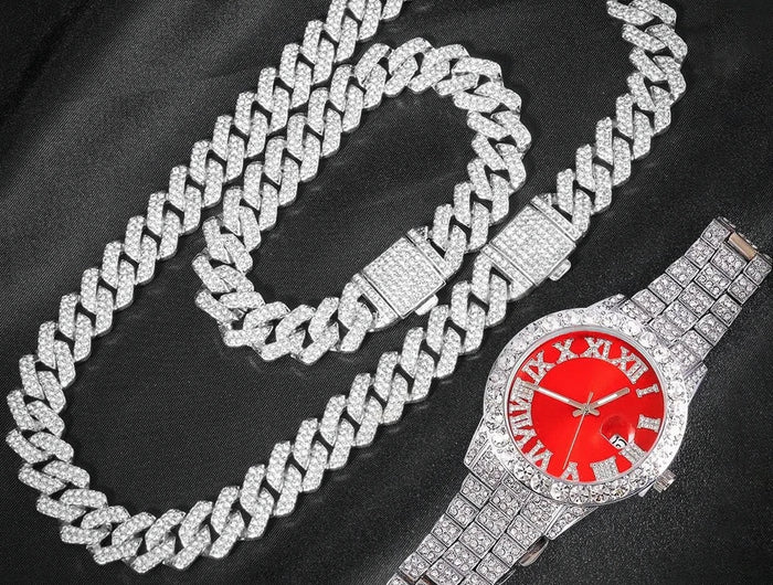 3 pezzi orologio a catena cubana per uomo Hip Hop Miami Curb ghiacciato pavimentato strass rapper collana cubana orologio + braccialetto gioielli platinumshop