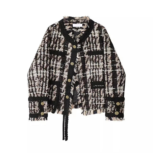 2025 new style fashionable and elegant heavy-duty black gold tassel wool temperament tweed jacket
