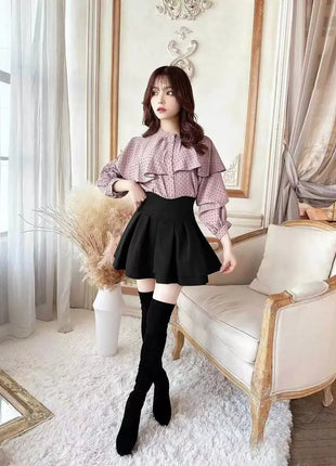Minigonna a balze Lautaro Primavera Estate Nera Dolce Carina Kawaii a Vita Alta da Donna, Abbigliamento Cutecore Stile Giapponese Moda