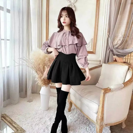 Lautaro Damen-Stufenminirock Frühling Sommer, Schwarz, Süß, Kawaii, Hohe Taille, Cutecore-Kleidung, Japanischer Modestil