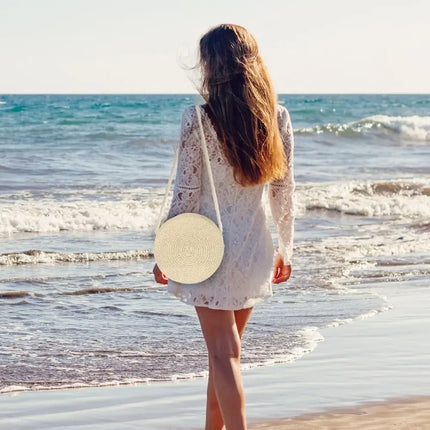 Borse a Spalla, Borsa Intrecciata Rotonda in Rattan, Borsa Estiva da Spiaggia in Paglia