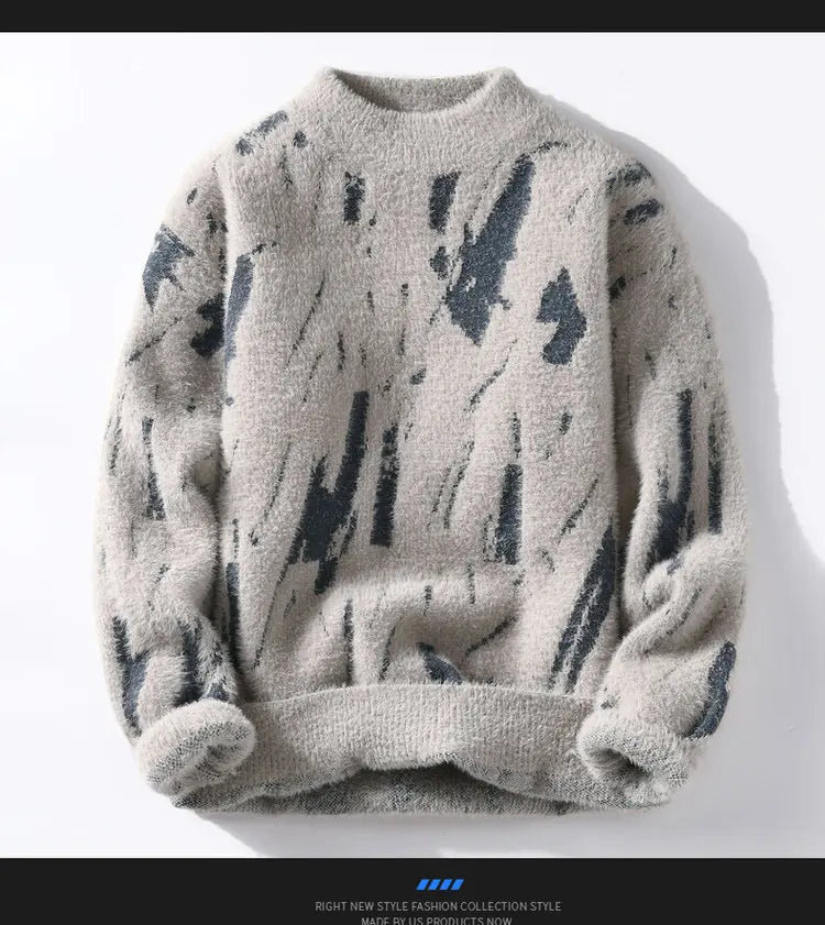 Men Round Neck Pullovers Long Sleeve Jumpers Print Knitted Sweater Slight Strech Regular Casual Simple Thick Winter 2025