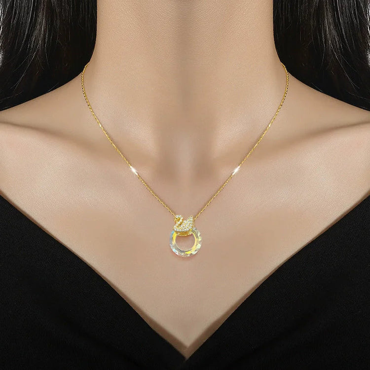 EILIECK 316L Stainless Steel Shine Cubic Zirconia Swan Pendant Necklace Gold Color Texture Metal Personalized Jewelry Neck Chain PlatiNum