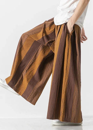 Pantaloni da uomo a gamba larga a righe in cotone e lino pantaloni a gamba larga uomo retrò stile cinese maschile casual vendite calde Nepal veste pantaloni da jogging