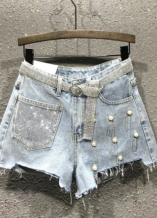 Pantaloncini di jeans bianchi blu irregolari strappati con nappe con strass a vita alta da donna estivi Pantaloncini di jeans coreani da donna