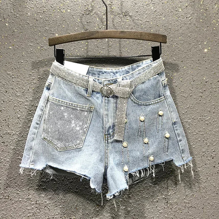 Women's Summer High Waist Rhinestone Tassel Ripped Irregular Blue White Denim Shorts Korean Denim Shorts for Women