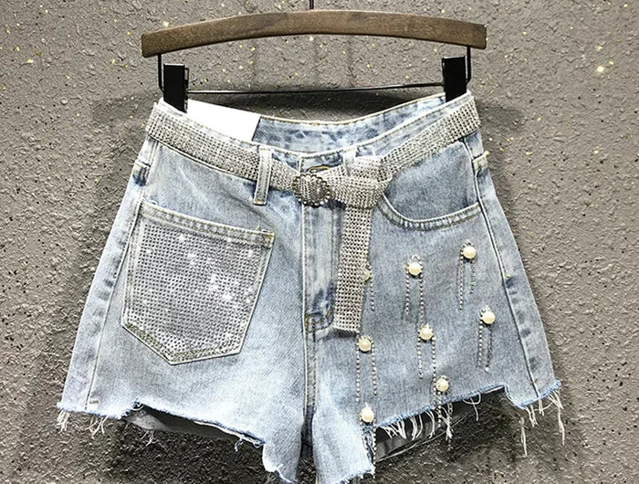 Women's Summer High Waist Rhinestone Tassel Ripped Irregular Blue White Denim Shorts Korean Denim Shorts for Women