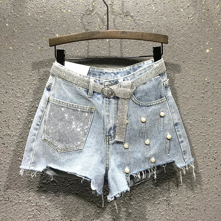 Pantaloncini di jeans bianchi blu irregolari strappati con nappe con strass a vita alta da donna estivi Pantaloncini di jeans coreani da donna