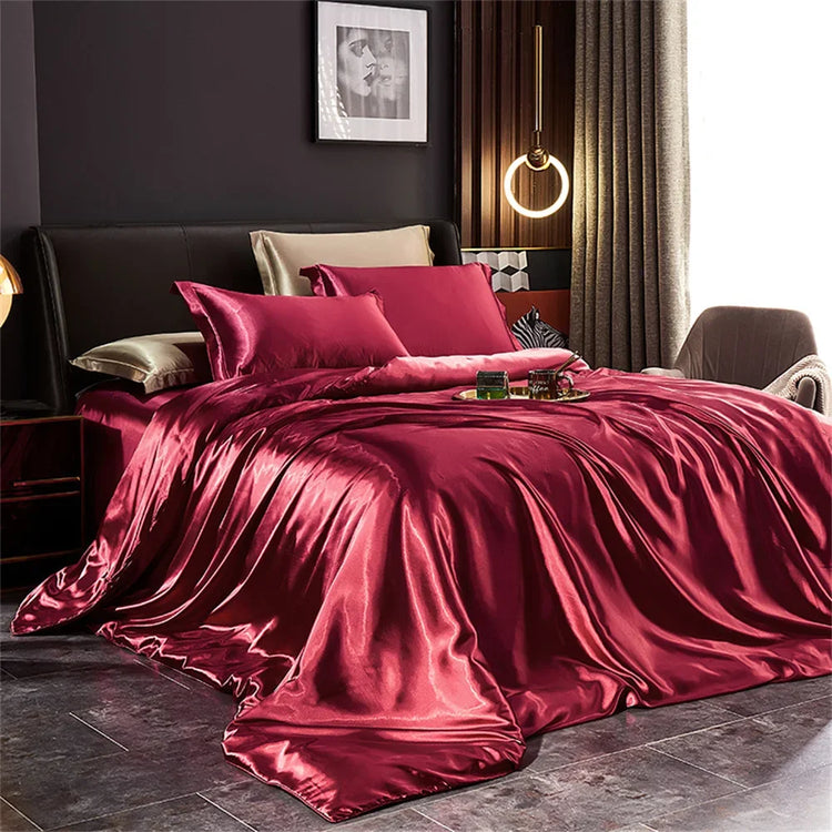 Set biancheria da letto in seta solida con copripiumino Lenzuolo Federe Lenzuolo singolo matrimoniale in raso di lusso King Queen Twin Size