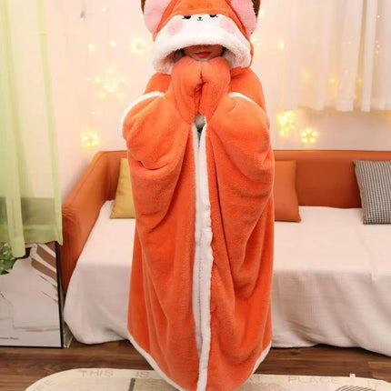 Winter Cartoon Fox Thick Wearable Blanket Nap Cloak Nightgown Office Blanket Adult Cloak