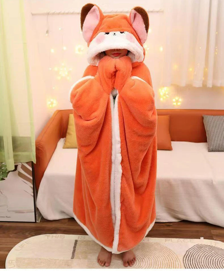 Winter Cartoon Fox Thick Wearable Blanket Nap Cloak Nightgown Office Blanket Adult Cloak