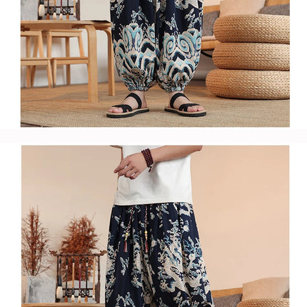 Vendite calde Pantaloni da uomo in cotone comodi pantaloni da spiaggia larghi stampa casual Harem elegante abbigliamento estivo pantaloni larghi giapponesi sottili