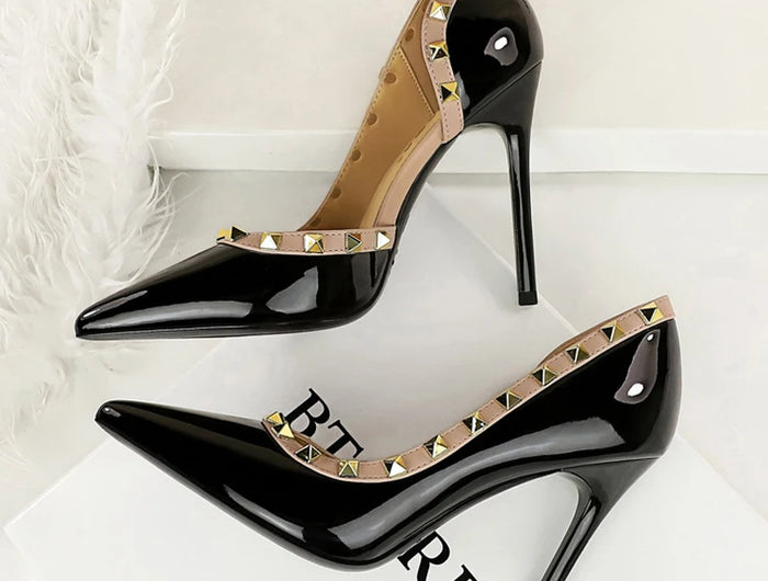 BIGTREE Scarpe Rivetto Design Donna Décolleté in pelle verniciata Tacchi alti 10.5 CM Stiletto Scarpe da festa sexy Tacchi da donna Taglia grande 43