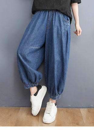Jeans Vintage tinta unita da donna moda estiva pantaloni larghi in Denim elasticizzato in vita femminile pantaloni Harem alla caviglia stile giapponese