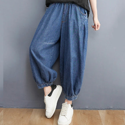 Jeans Vintage tinta unita da donna moda estiva pantaloni larghi in Denim elasticizzato in vita femminile pantaloni Harem alla caviglia stile giapponese