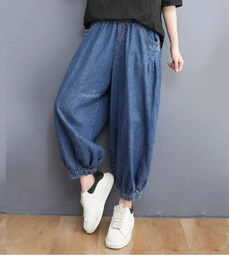 Jeans Vintage tinta unita da donna moda estiva pantaloni larghi in Denim elasticizzato in vita femminile pantaloni Harem alla caviglia stile giapponese