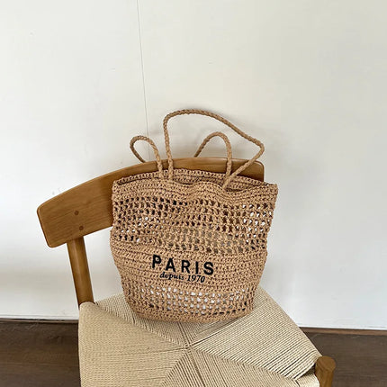 Hylhexyr Women's Letter Embroidered Shoulder Bag Woven Straw Bag Large Capacity Empty Holiday Beach Bags
