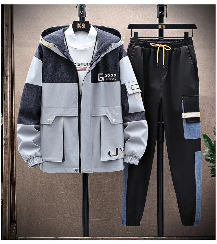 Spring Men Sportswear Tracksuit 2 Piece Running Sets Sports Hooded Jacket+Pant Sweatsuit Male Print Clothing Streetwear