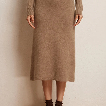 Luxury 100% Cashmere Mid-Calf Pencil Skirt Simple Basic Style Women Solid Color Autumn Winter High Waist Slimming Knitted Skirt PlatiNum