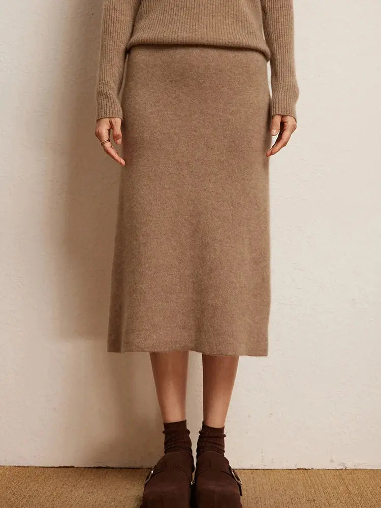Luxury 100% Cashmere Mid-Calf Pencil Skirt Simple Basic Style Women Solid Color Autumn Winter High Waist Slimming Knitted Skirt PlatiNum