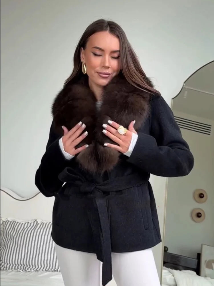 Women Wool Blend Coat Big Faux Fur Collar And Cuffs Belted Waist Wrap Loose Winter Jacket Thick Warm Elegant Lady Outerwears