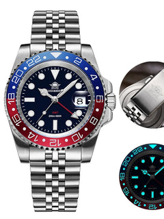 ADDIESDIVE Men GMT Watch AD2050 BGW9 Super Luminous 20Bar Waterproof 316L Stainless Steel Swiss Landa 515-24H Quartz Watches