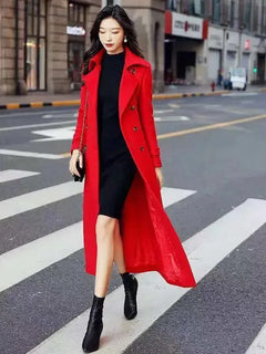 New Women's Spring Autumn Winter Woolen Coat Slim  Long Over The Knee Lining Woolen Windbreaker Outerwear Match Belt Female