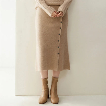Women 100% Cashmere Skirts Office Lady Autumn Winter Knitted High Waist A-Skirt Graceful Long Warm front-open skirt with buttons PlatiNum
