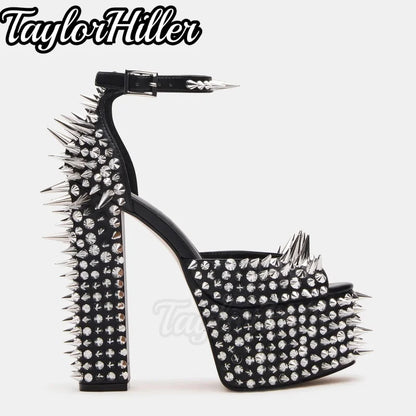 Punk Silver Rivets Platform Heeled Sandals Block Heel Women Gothic Rock Buckle Strap High Heels Designer Luxury Hot Girls Shoes