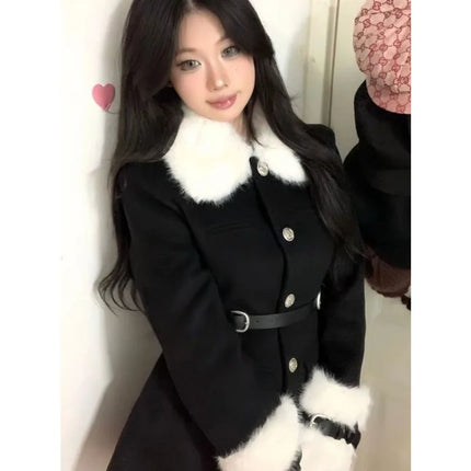 Women's Coats Advanced Sense Plush Spliced Turndown Collar Single Breasted Waist Retraction Skirt Style Woolen Coat Lady Clothes