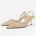 Gold Mesh Embroidered Floral Design Mules Sandals Women Sexy Pointed-Toe Back Strap High Heels for Ladies Elegant Party Shoes PlatiNum