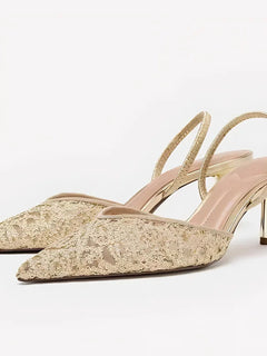 Gold Mesh Embroidered Floral Design Mules Sandals Women Sexy Pointed-Toe Back Strap High Heels for Ladies Elegant Party Shoes