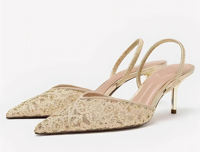 Gold Mesh Embroidered Floral Design Mules Sandals Women Sexy Pointed-Toe Back Strap High Heels for Ladies Elegant Party Shoes PlatiNum