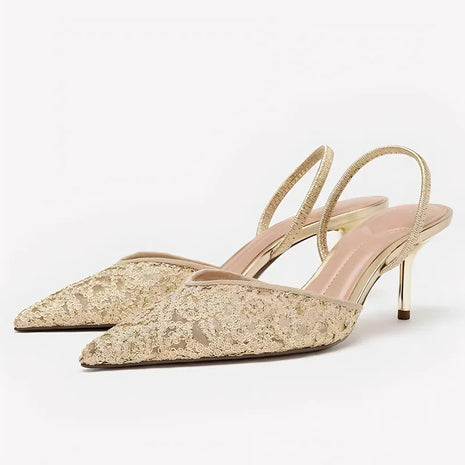 Gold Mesh Embroidered Floral Design Mules Sandals Women Sexy Pointed-Toe Back Strap High Heels for Ladies Elegant Party Shoes PlatiNum