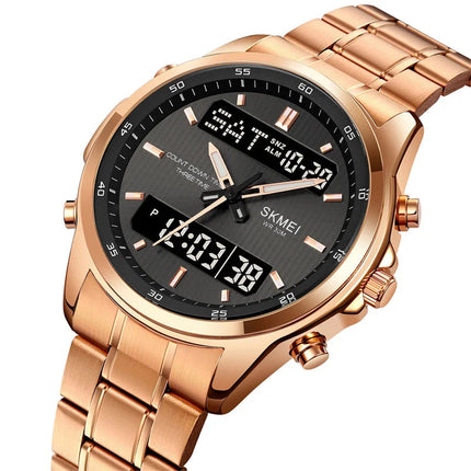 Skmei orologio da polso analogico al quarzo da uomo cinturino in acciaio inossidabile di lusso Led impermeabile digitale sportivo sveglia a tre fusi orari platinumshop