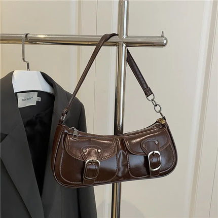 Fashion Pu Leather Women's Shoulder Bag Small Double Pocket Design Ladies Underarm Bags Y2k Vintage Female Handbags Clutch Purse PlatiNum