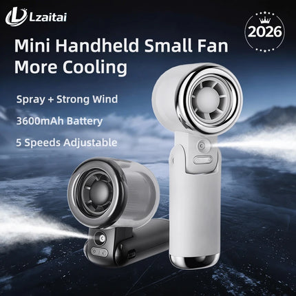 Ventilatore Portatile Mini con Nebulizzatore d'Acqua, 3600mAh, 5 Velocità, Pieghevole, da Appendere al Collo, Umidificatore Ricaricabile USB-C