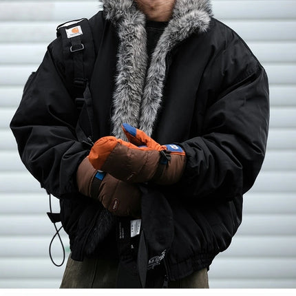 Mens Korean Streetwear Thick Warm Jacket Winter Fleece Lined Fur Collar High Quality Cold Proof Heavyweight Outdoor Thermal Coat