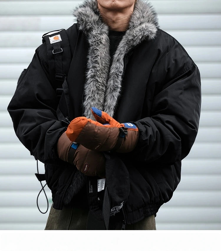 Mens Korean Streetwear Thick Warm Jacket Winter Fleece Lined Fur Collar High Quality Cold Proof Heavyweight Outdoor Thermal Coat