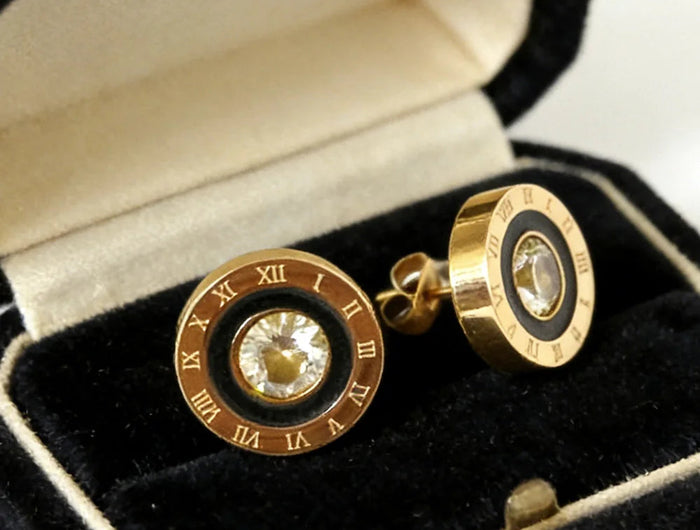 Orecchini a bottone con numeri romani in acciaio inossidabile 316, rotondi, brillanti, con zirconi AAA, diametro 12 mm, per donna, gioielli di marca di alta qualità platinumshop