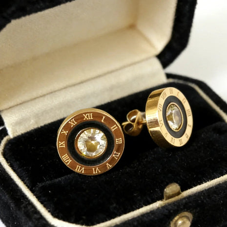 Orecchini a bottone con numeri romani in acciaio inossidabile 316, rotondi, brillanti, con zirconi AAA, diametro 12 mm, per donna, gioielli di marca di alta qualità platinumshop