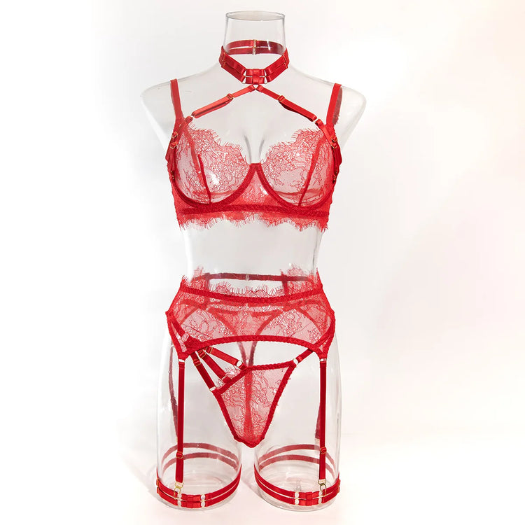 Sexy Lingerie Lace Women's Intimates Sets Sheer See Through Push Up Bra with Garter Belt Fancy Luxury Underwear Erotic Outfits